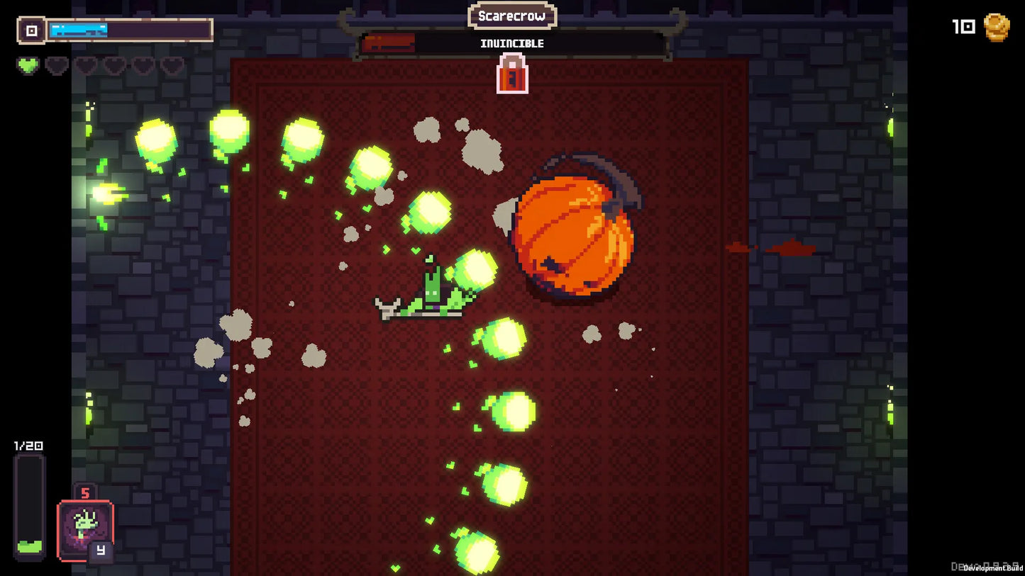 Pixel art game scene with a character, pumpkin, and glowing green orbs on a dark stone wall background.