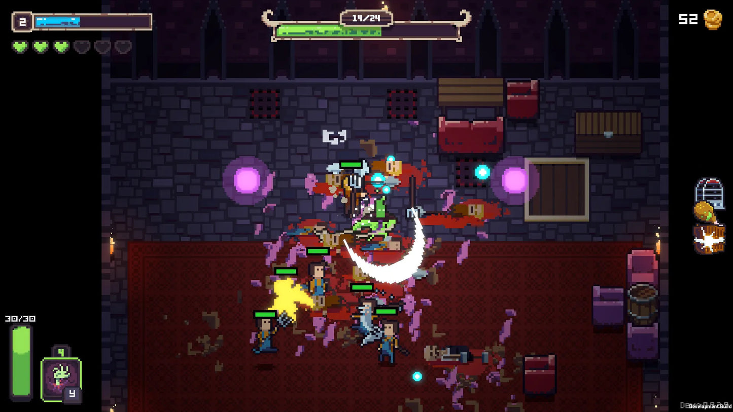 Action-packed scene from a video game with characters and health bars in a dungeon-like setting.