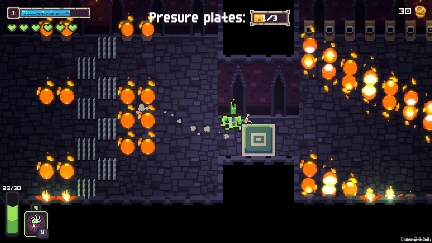 Pixelated game screen with characters and obstacles in a dark dungeon-like setting