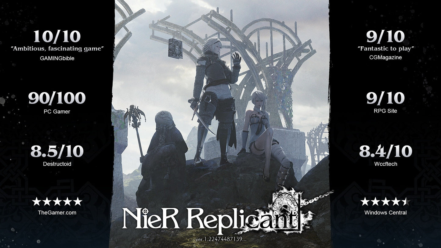 Silhouette of characters from 'NieR Replicant' with game reviews on a dark background