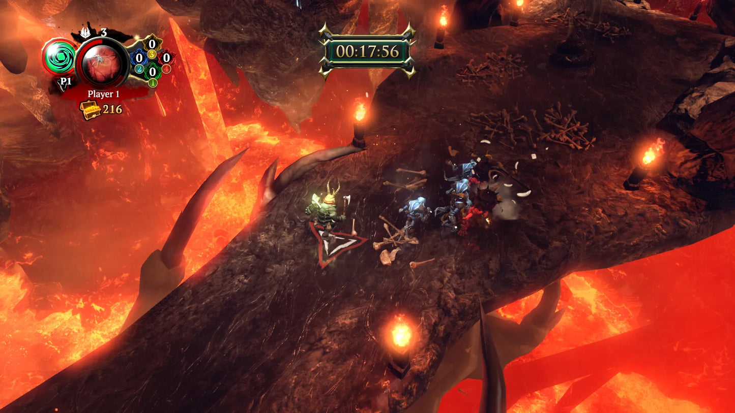 Game screen showing a fiery environment with characters and health bars.