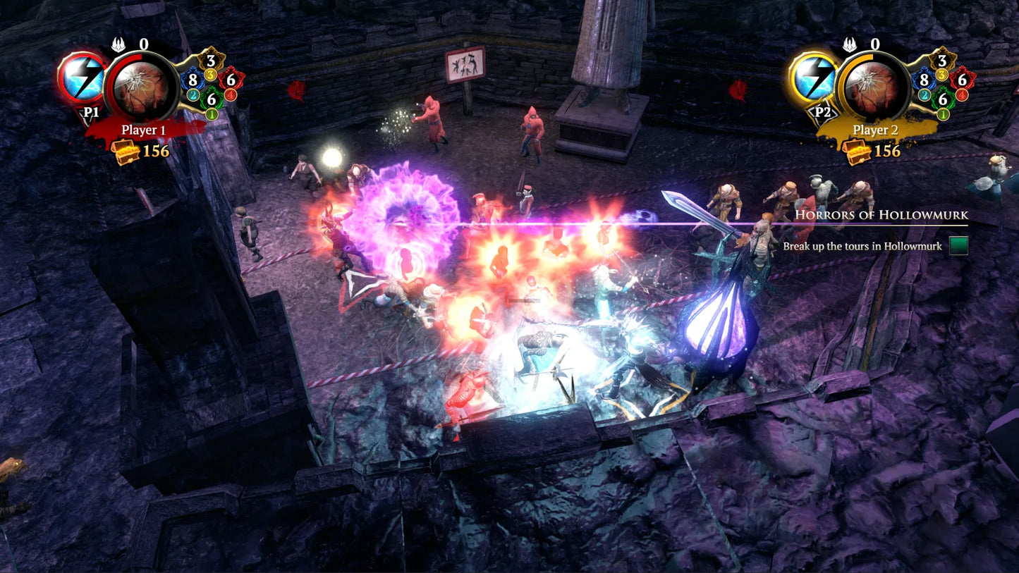 Video game scene with characters and a battle spell in a dark dungeon setting