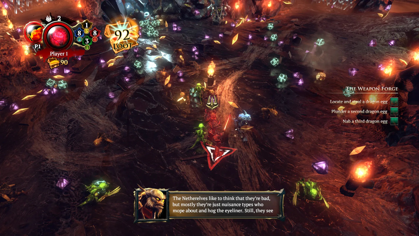 Action-packed scene from a video game with characters and text on a dark, rocky landscape.