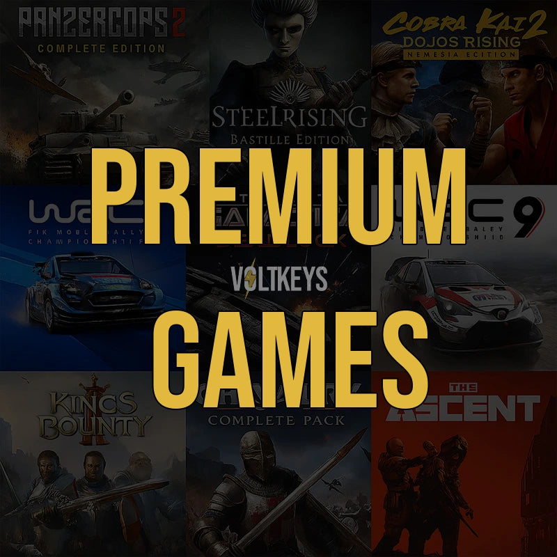 Promotional graphic for premium games with various game titles and characters.