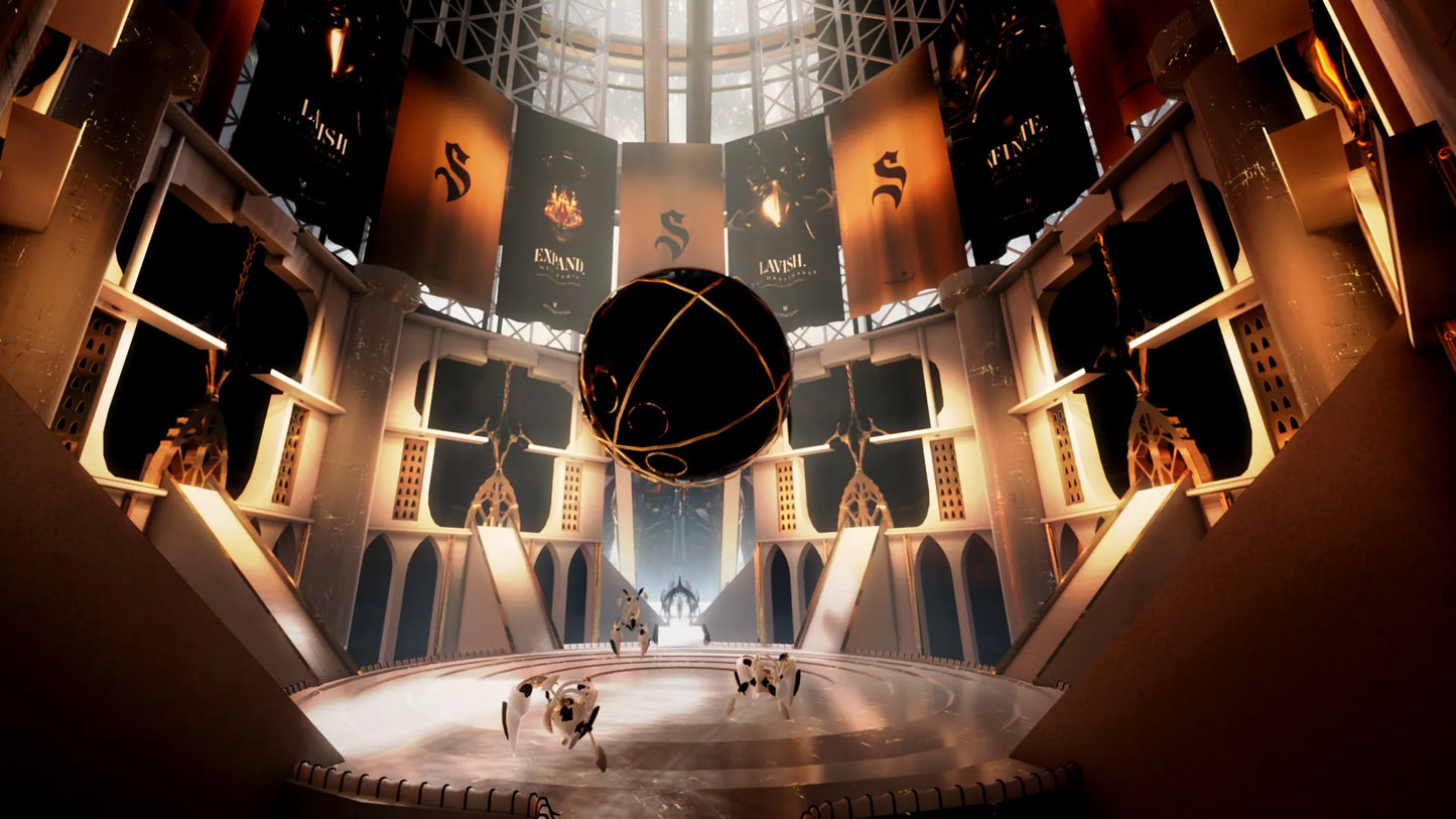 Dance studio with mirrors and ballet barres, featuring a large black ball in the center.