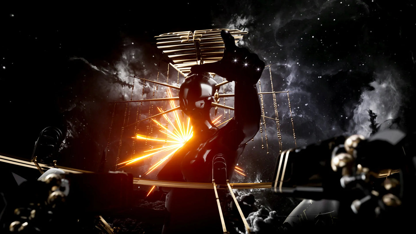 Person welding in a dark industrial setting with sparks flying
