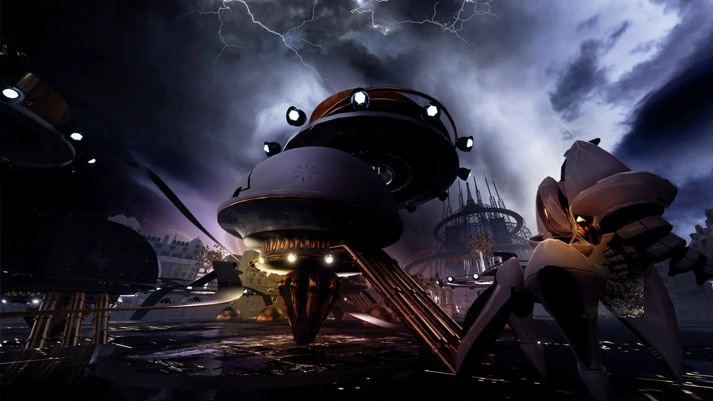 Mechanical creatures in a dark, industrial setting with a stormy sky.