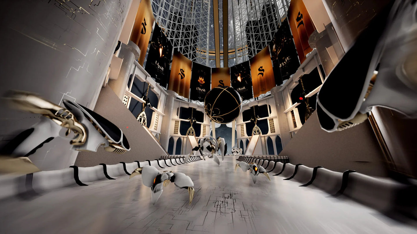 Modern interior design with geometric shapes and reflective surfaces