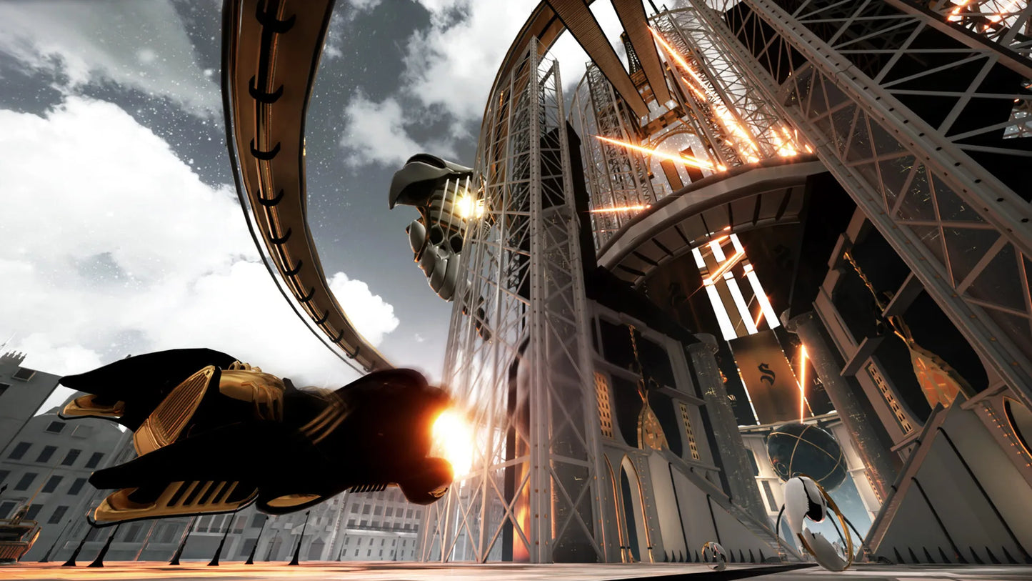 Superhero in black suit flying through a cityscape with a large mechanical structure in the background.