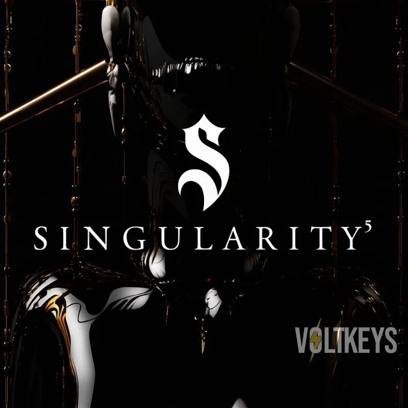 Guitar with 'Singularitรฉ' logo and 'VOLTEKEYS' branding on a dark background