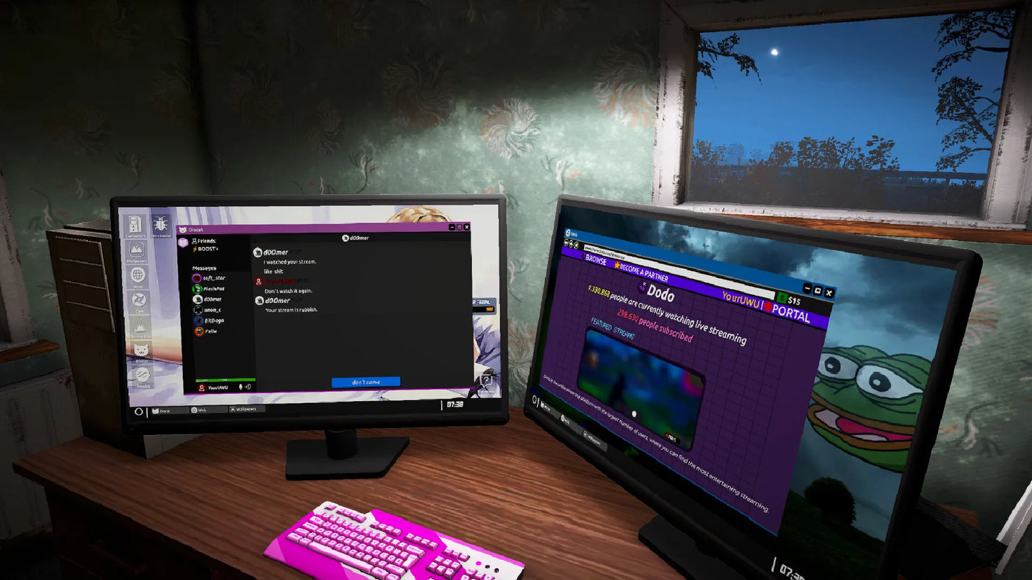 Two computer monitors on a desk with a window showing a night scene.