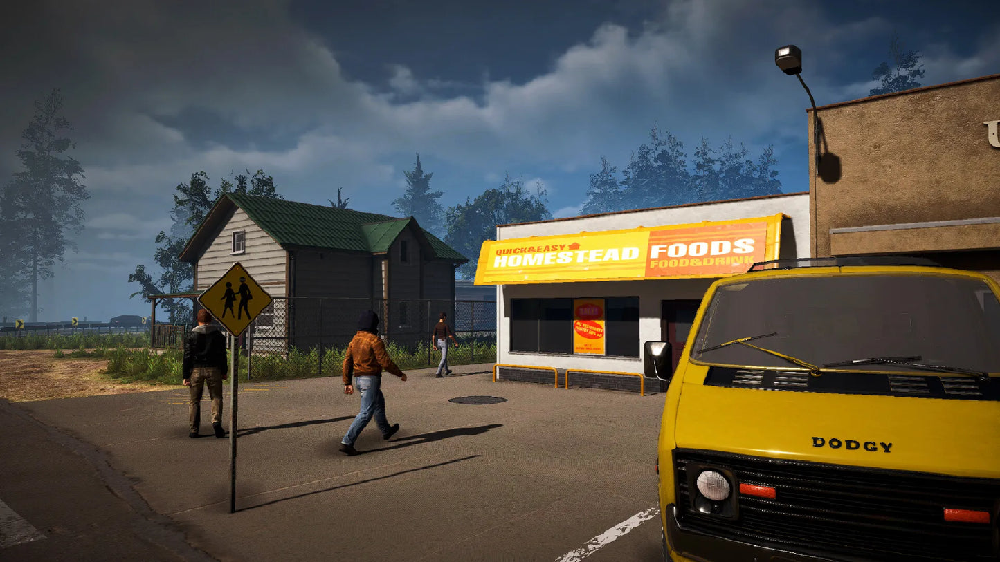 Small convenience store with a yellow van parked outside on a cloudy day.