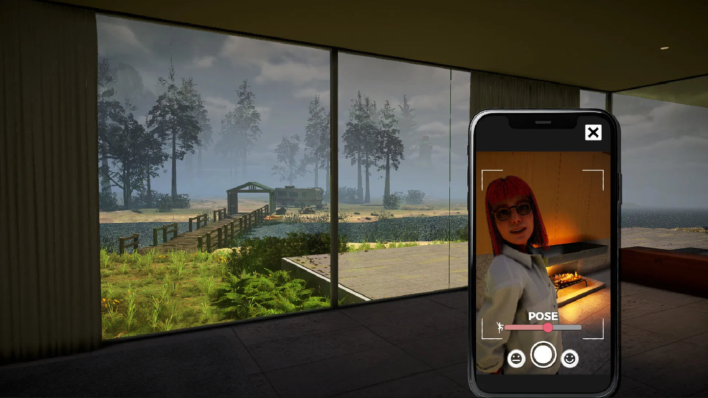 Phone displaying a video call with a scenic outdoor view on a large window.