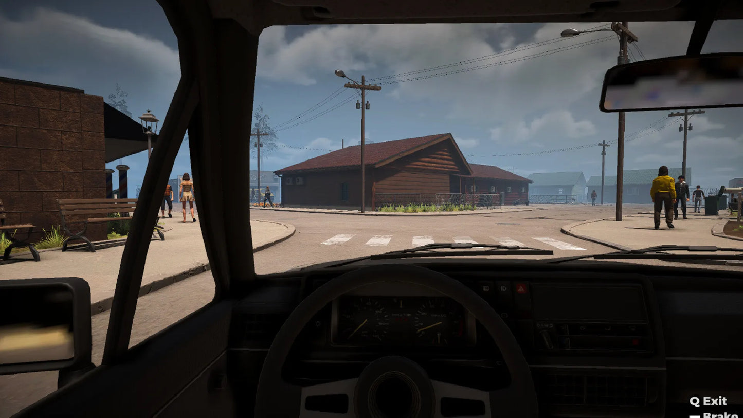 Game or simulation view from inside a vehicle on a street with buildings and people.