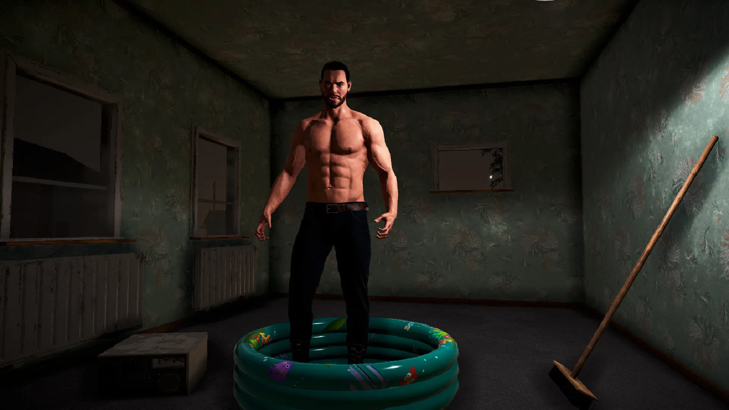 Man standing in a small pool in a dimly lit room with a broom against the wall.