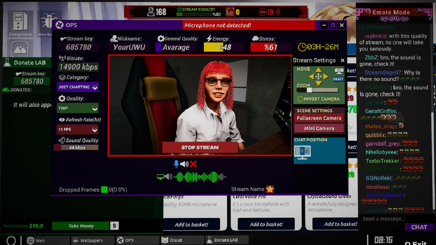 Stream overlay with a person wearing red hair and sunglasses on a computer screen
