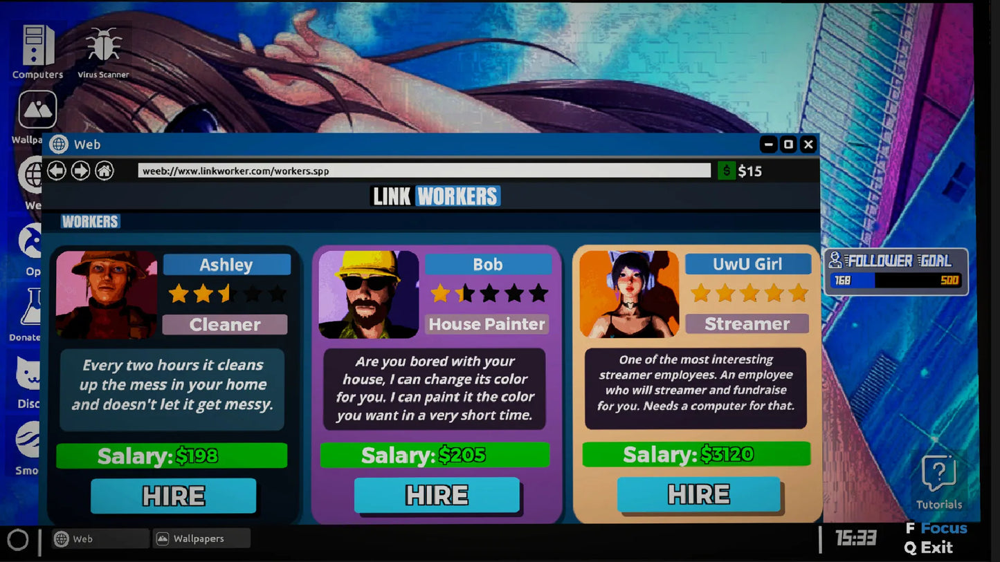 Game interface with character options and job roles on a computer screen