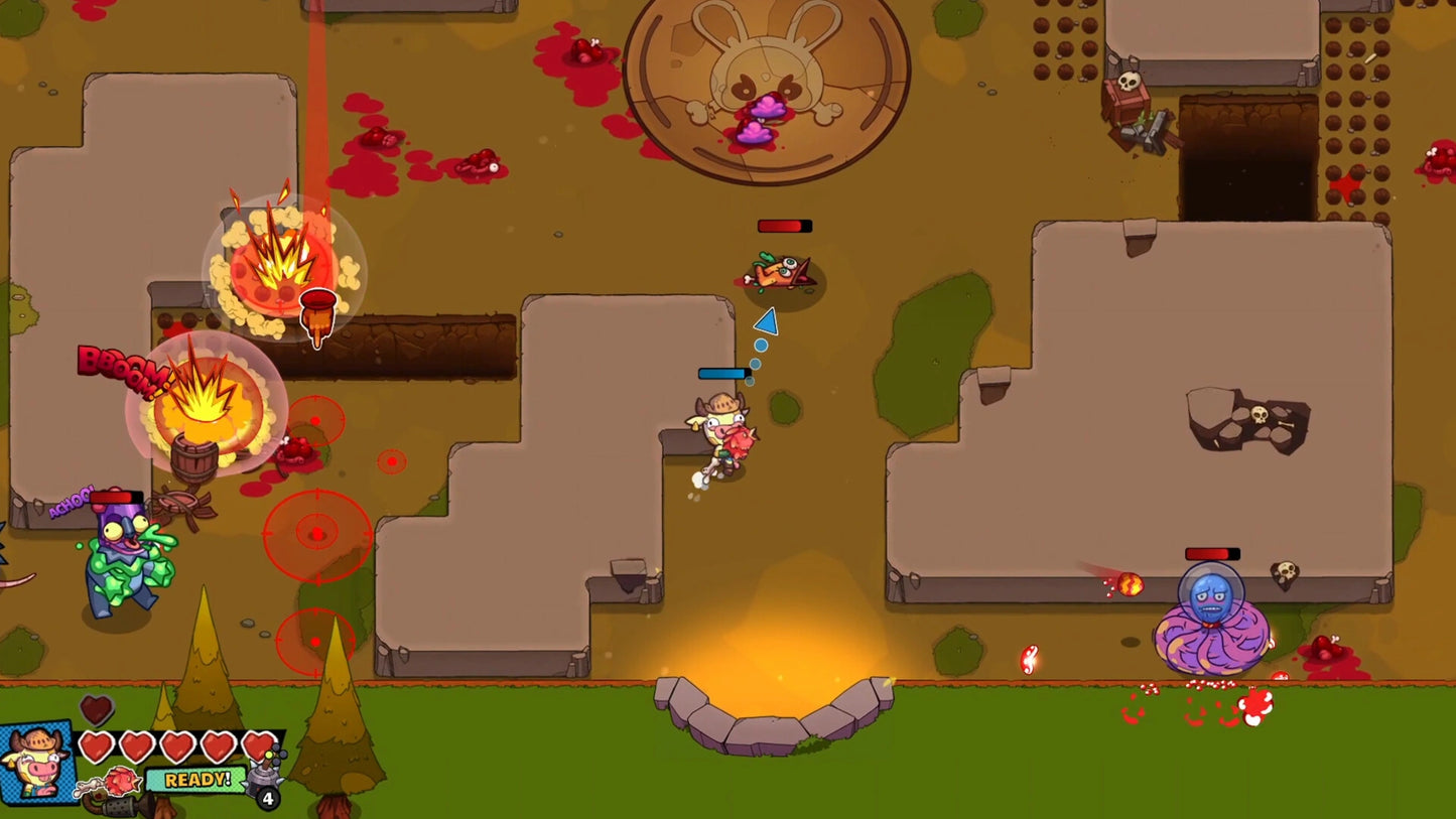 Screenshot of a platformer game with characters and obstacles on a brown and green background