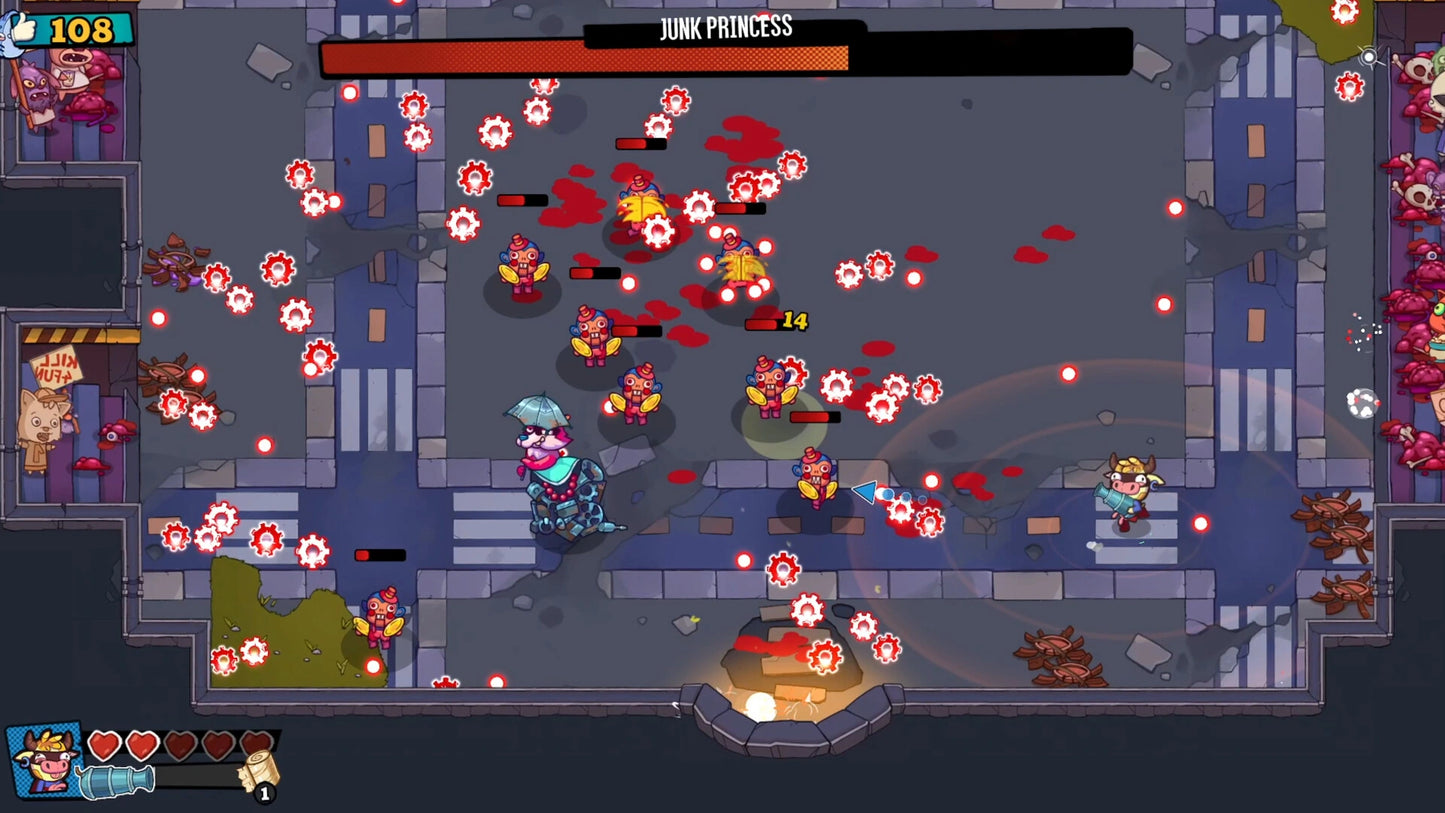 Game screen with characters and explosions in a grid layout