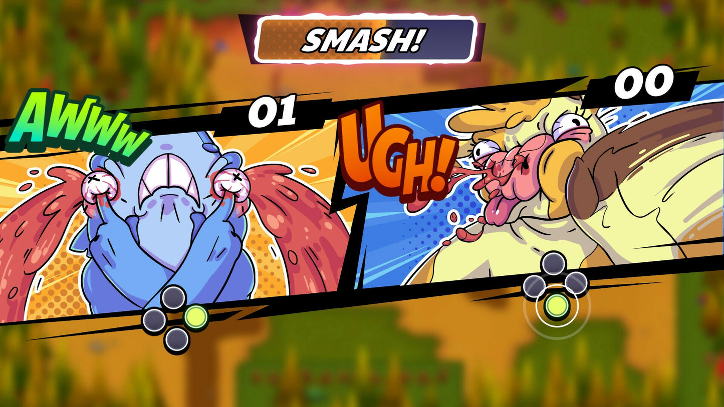 Animated scene with two characters in a fight, one labeled 'AWW!' and the other 'UGH!'.