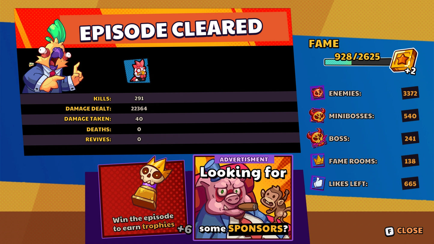 Game screen showing 'Episode Cleared' with character stats and advertisement.