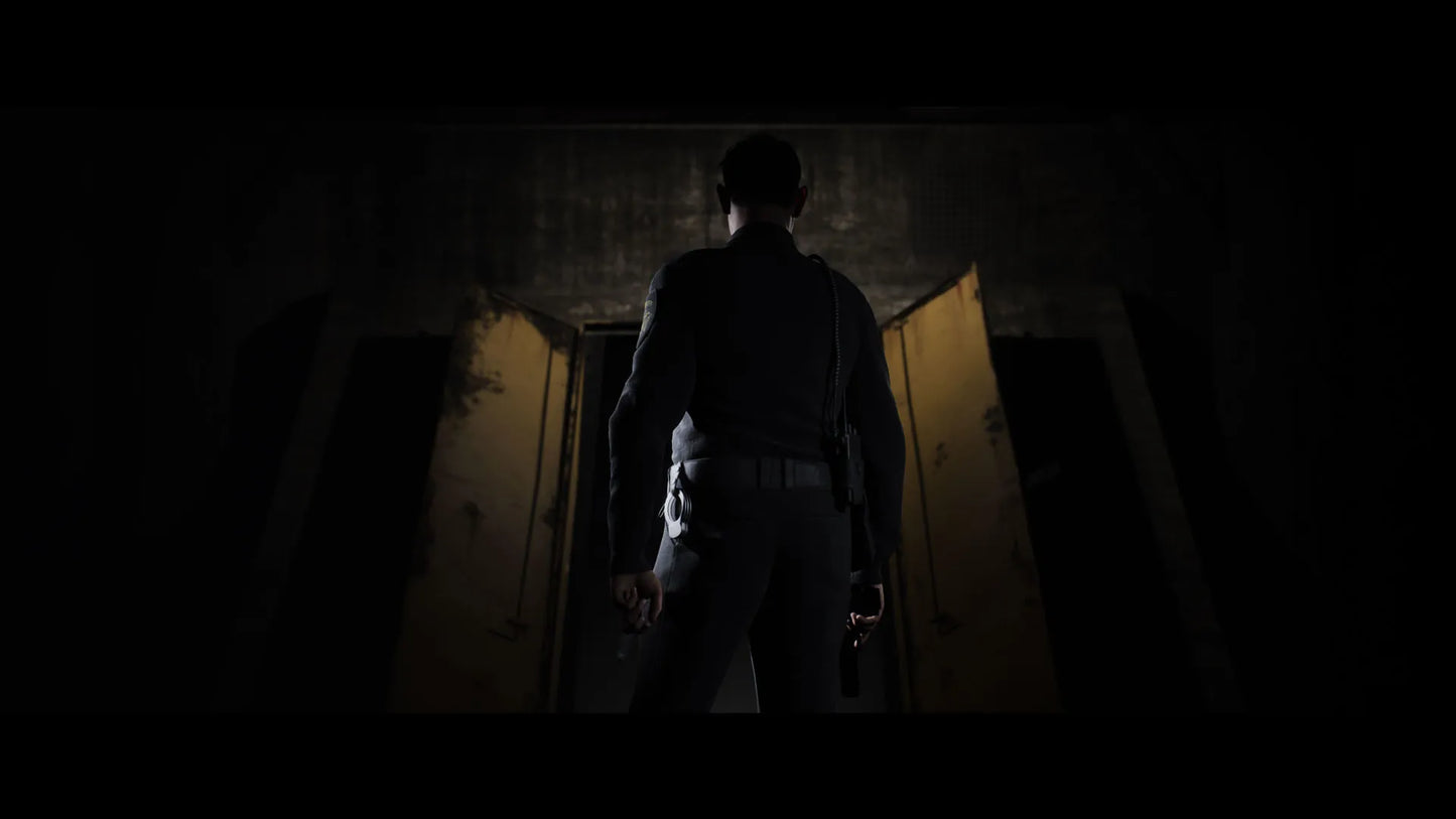 Person holding a gun in a dimly lit room