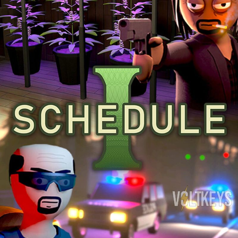 Character holding a gun with 'SCHEDULE' text and colorful background