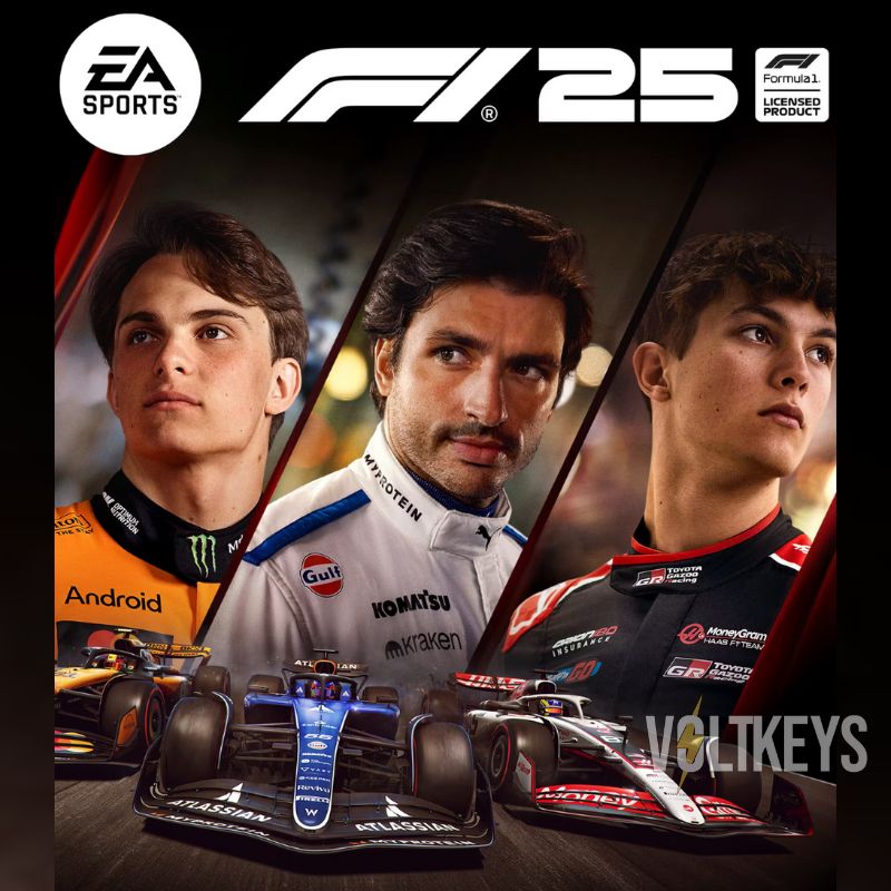 Promotional image for EA Sports F1 25 with three Formula 1 drivers and a car.