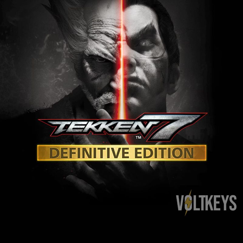 Promotional image for 'Tekken 7 Definitive Edition' with a dark background and character design.