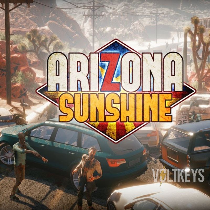 Promotional image for 'Arizona Sunshine' with characters and cars in a desert setting.