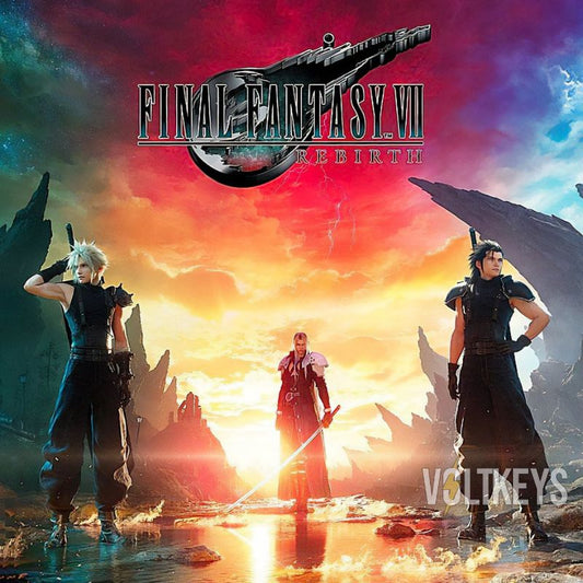 Promotional image for 'Final Fantasy VII Rebirth' with characters standing in front of a colorful sky.