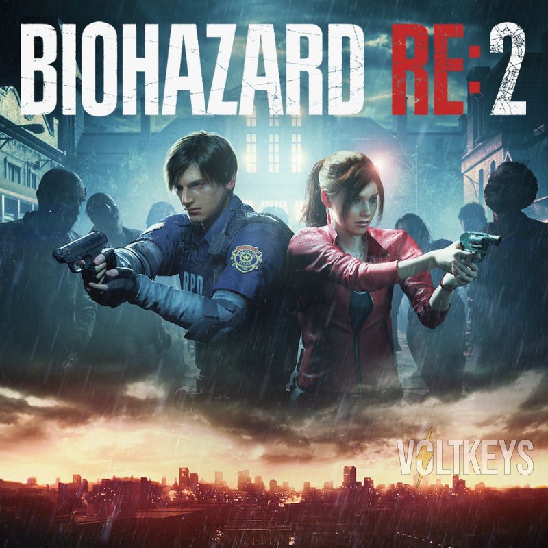 Promotional image for 'Biohazard RE:2' with two characters holding guns amidst a cityscape and zombies.
