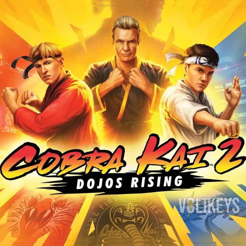 Promotional poster for 'Cobra Kai 2: Dojos Rising' featuring three characters in fighting stances with a colorful background.