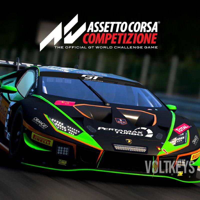 Lamborghini Huracan GT3 race car with Assetto Corsa Competizione branding on a blurred track background.