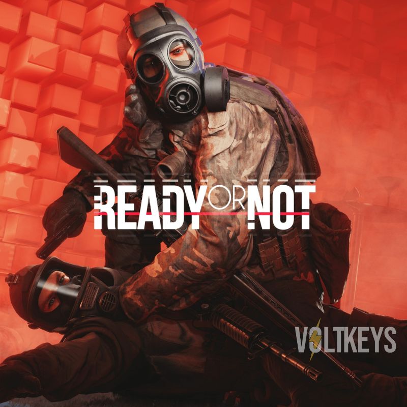 Person in a gas mask holding a gun with 'Ready or Not' text on a red background