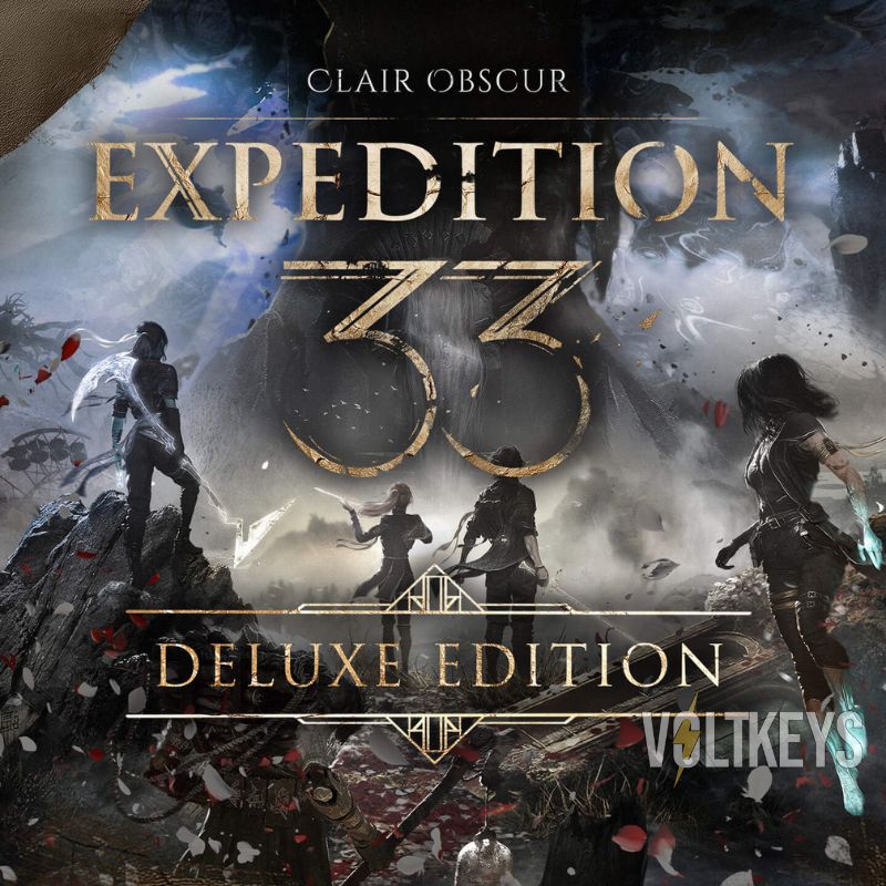 Cover of 'Expedition 33' deluxe edition by Clair Obscur with silhouettes of people and mystical elements.