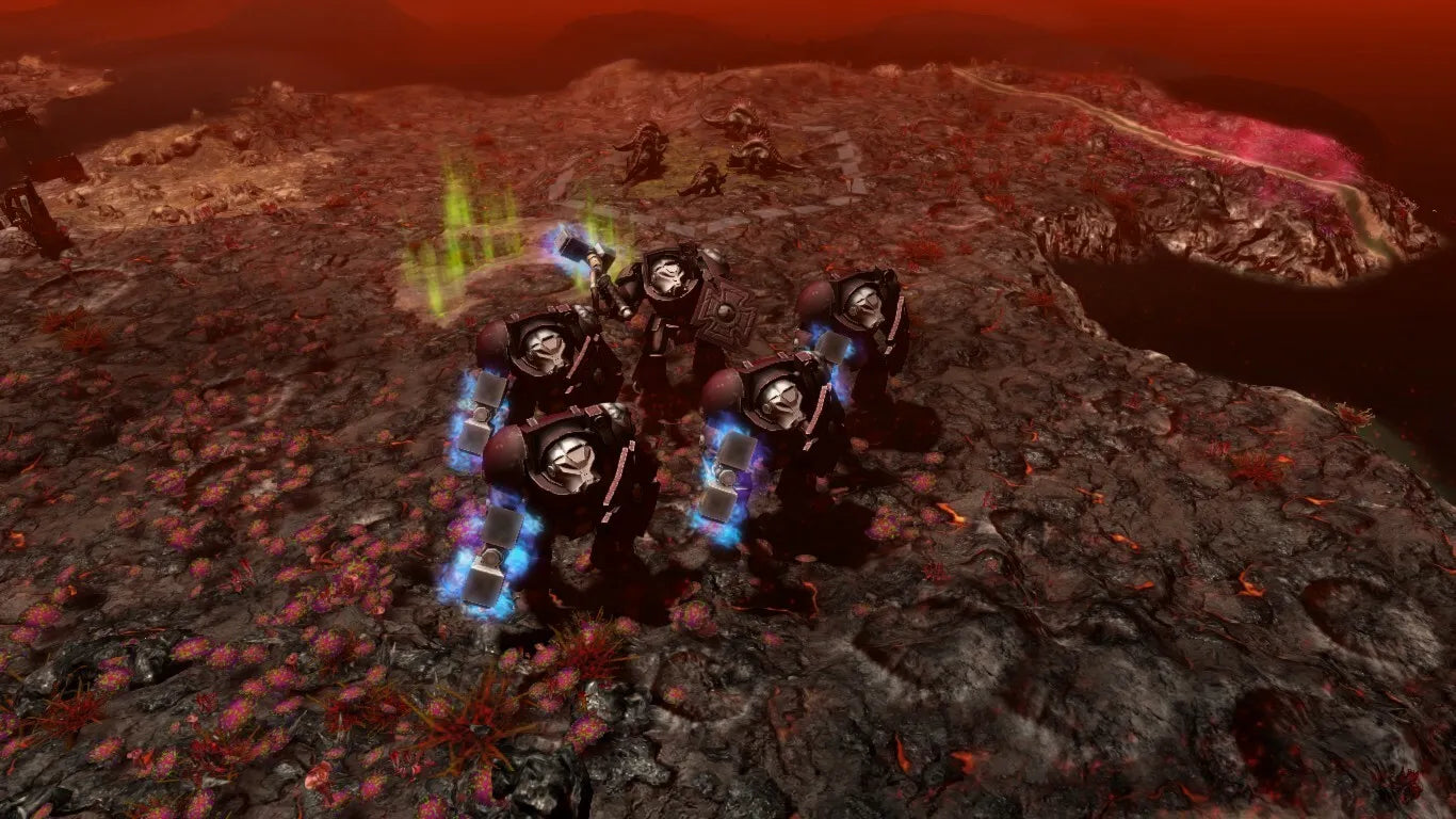 Sci-fi scene with characters on a barren landscape with a red sky