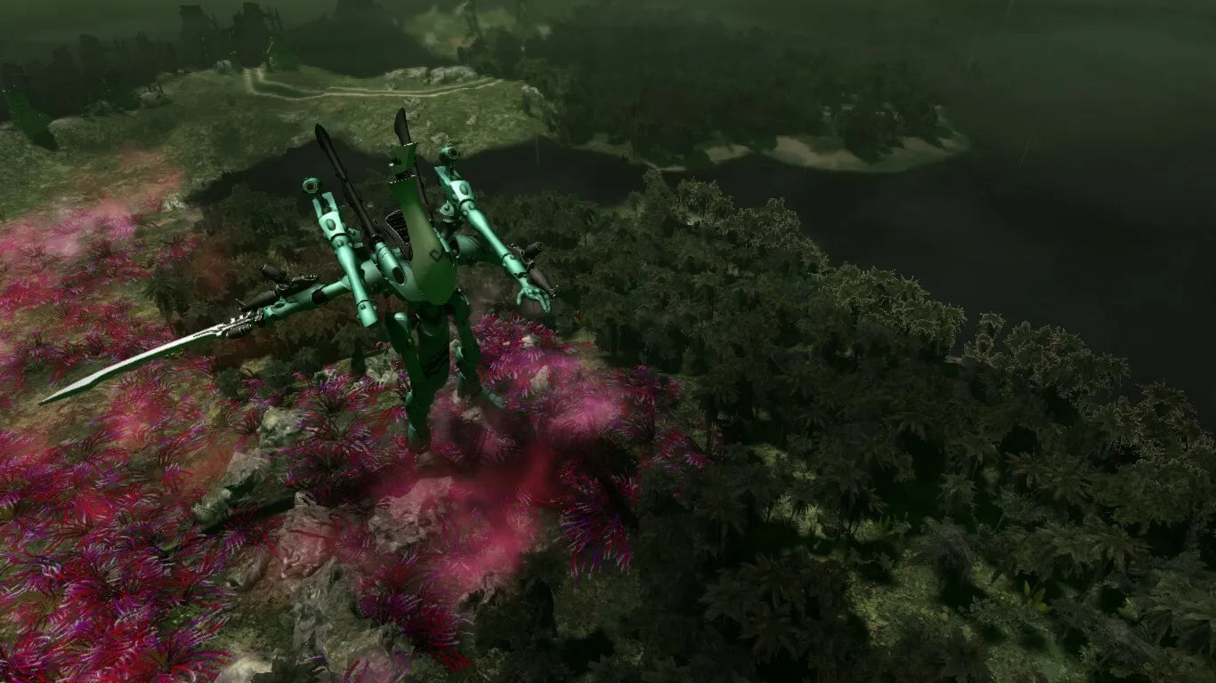 Mechanical creature in a fantasy setting with pink smoke and greenery