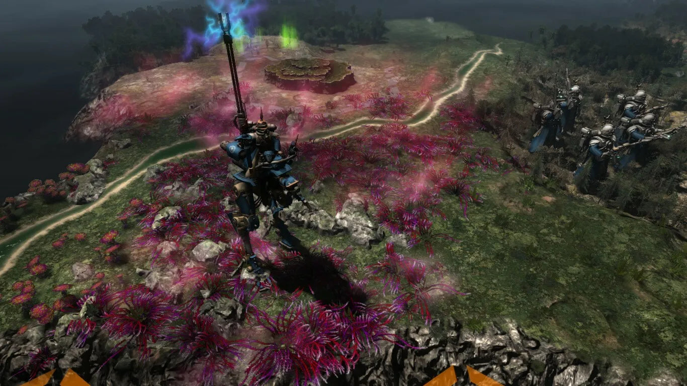 Fantasy landscape with a large mechanical creature and soldiers on a grassy hill.