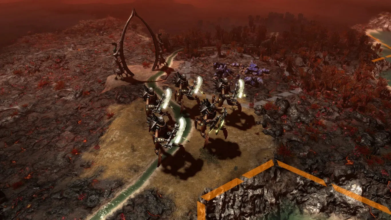 Surreal landscape with large creature and glowing lights, possibly from a video game or fantasy setting.