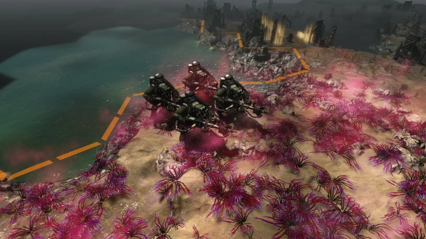Scenic view of a futuristic city with pink flowering plants on a mountain.
