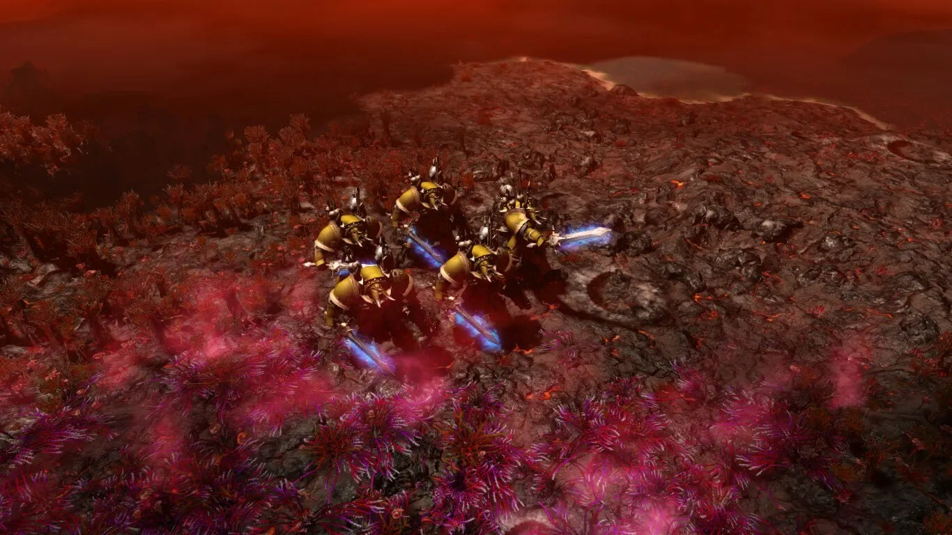 Science fiction scene with futuristic robots on a red, alien landscape