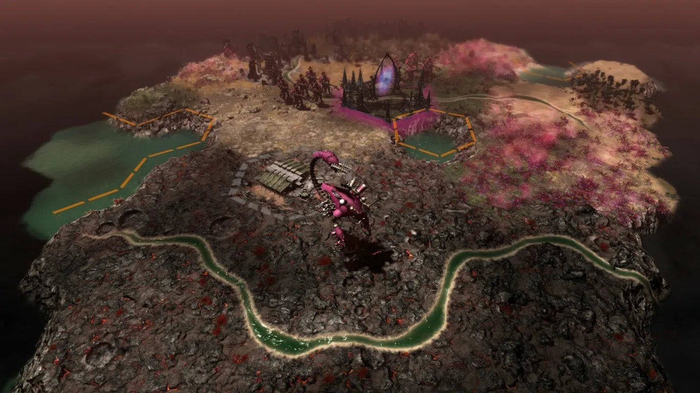 3D-rendered map with fantasy elements and structures on a dark background