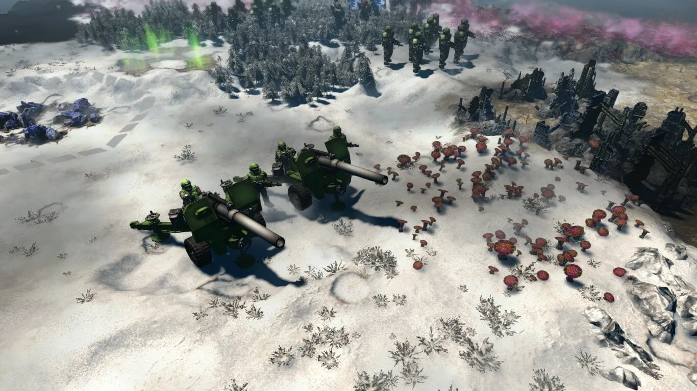 Screenshot of a strategy game with military units on a snowy battlefield