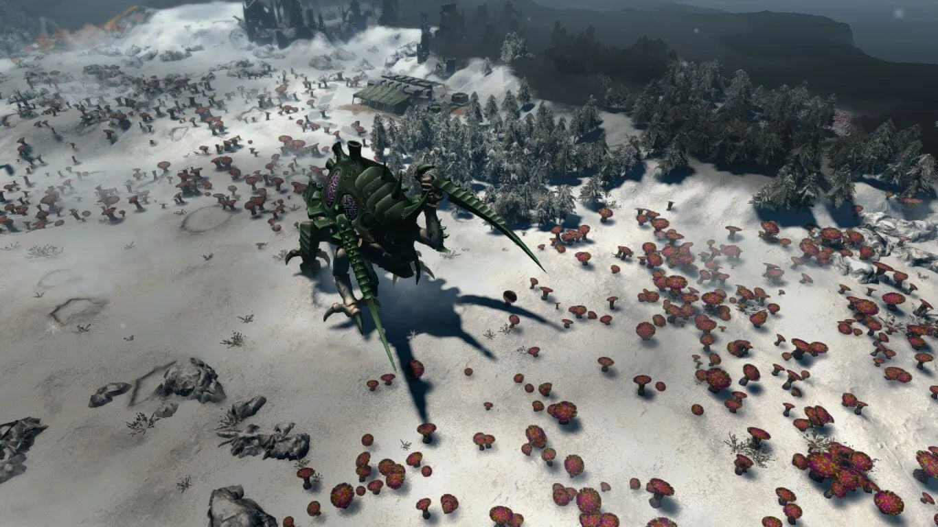 Large green mechanical creature in a snowy landscape with trees and rocks.