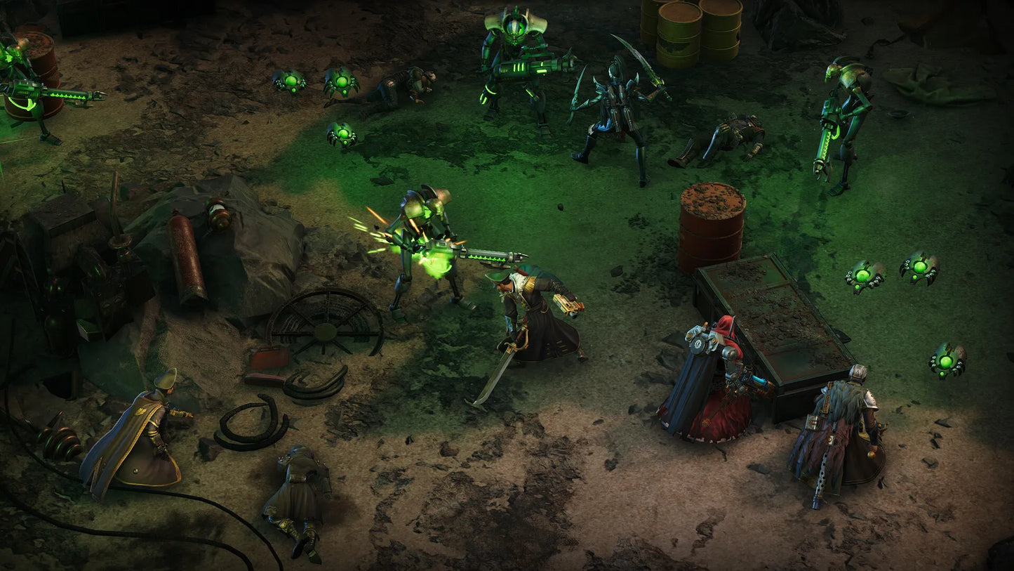 Game scene with characters and creatures in a dark, gritty environment