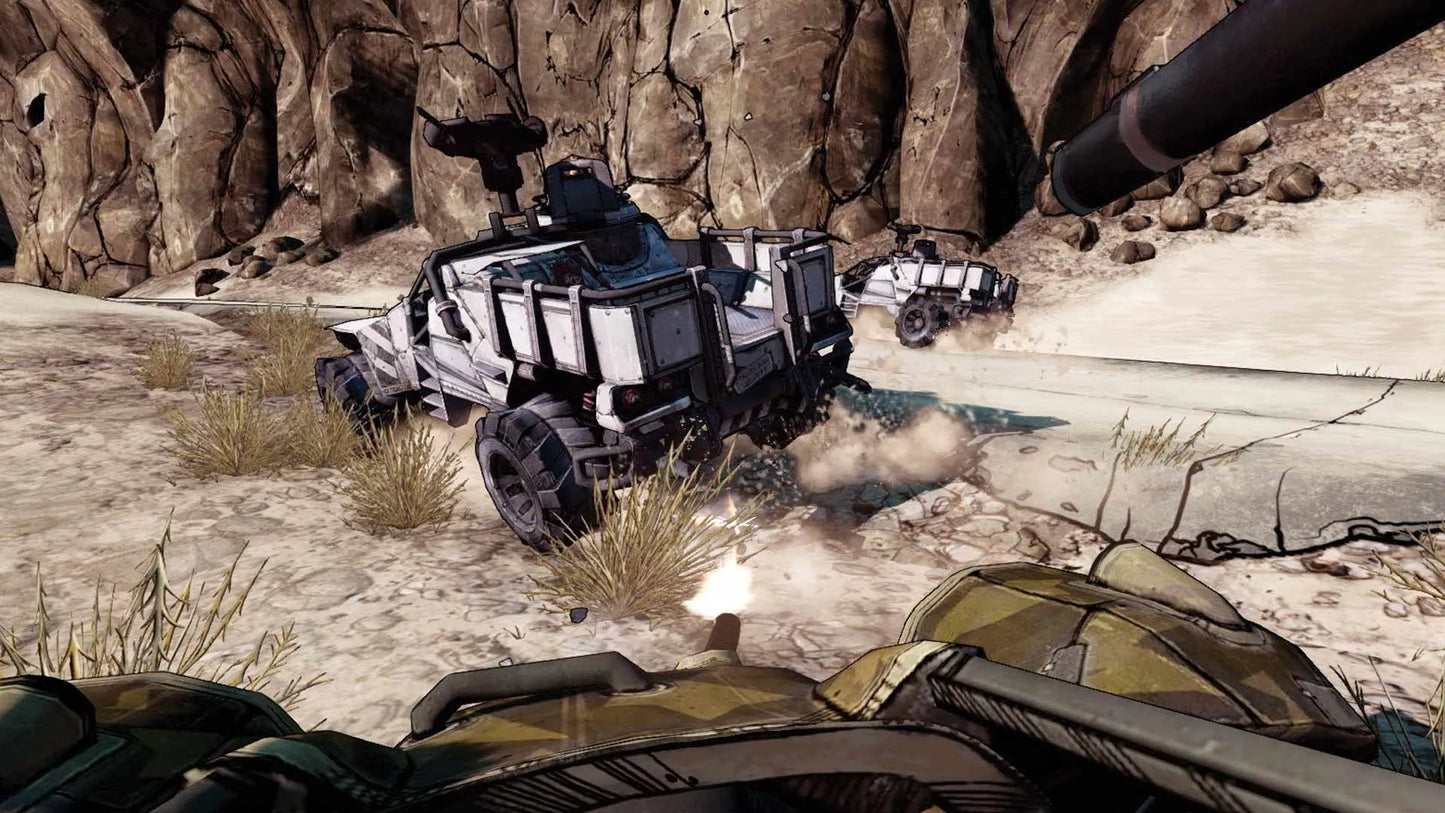 Robotic vehicle in a desert-like environment with rocky walls.