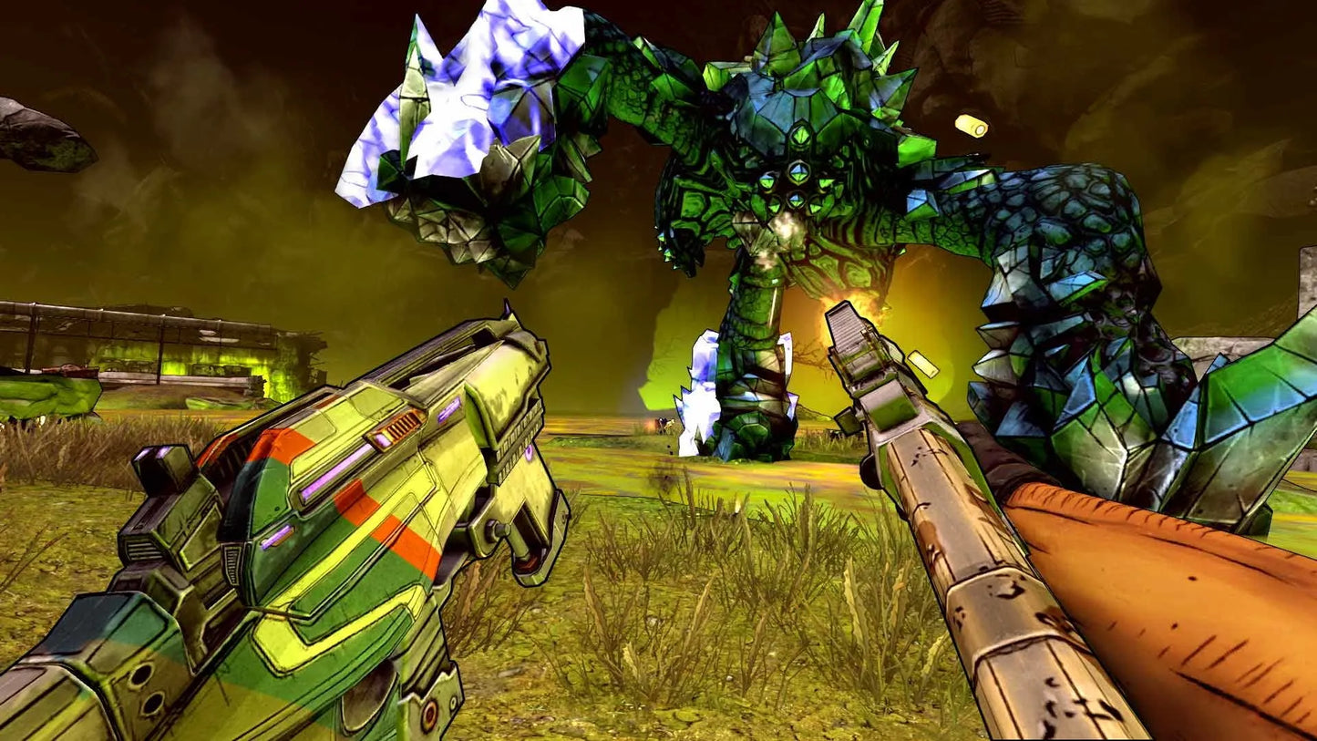 Video game scene with futuristic weapons and a large creature in a grassy field.