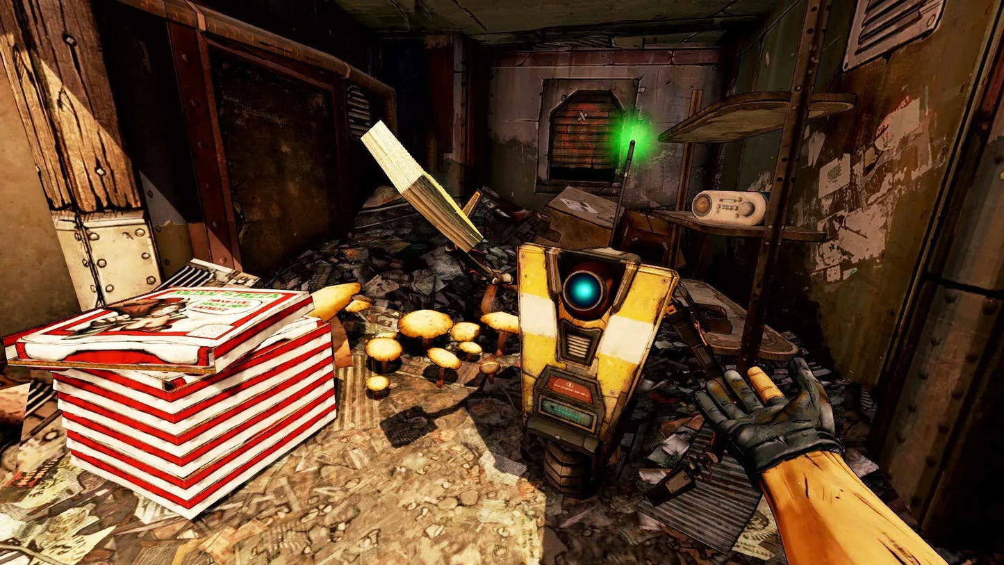 Character holding a robot in a post-apocalyptic setting with debris and a green light.