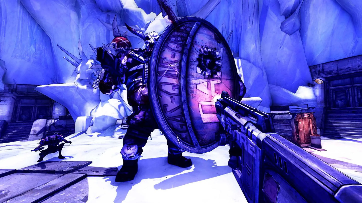 Character in a fantasy setting with large weapon and glowing purple emblem